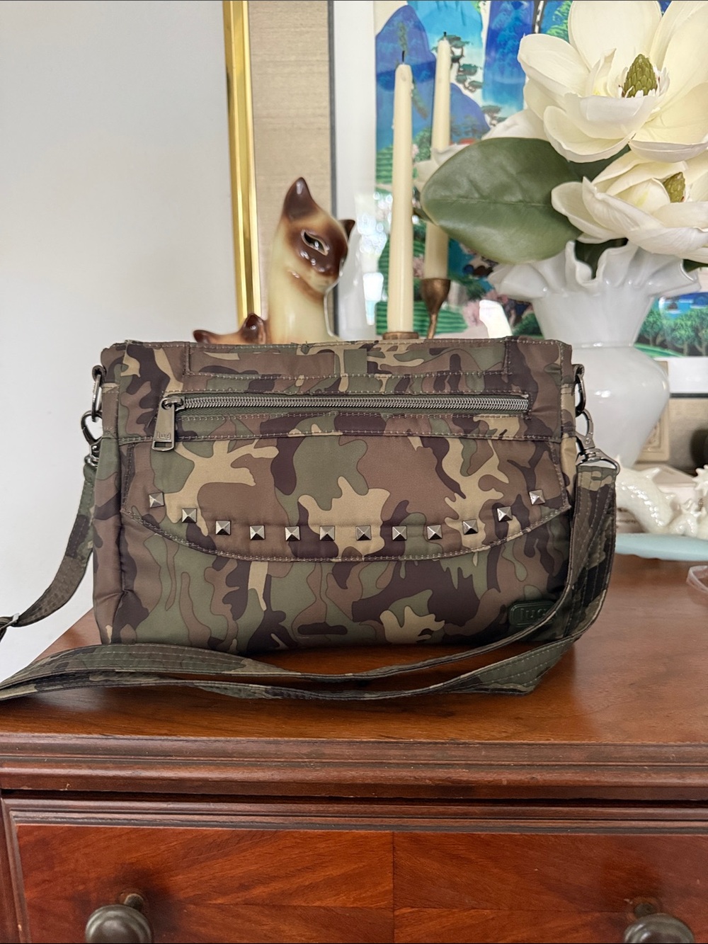 lug Camo Messenger Bag with Stud Accents - Green Brown
